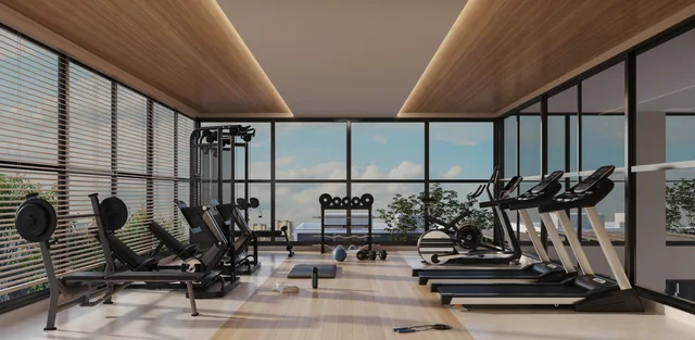 Perspectiva ilustrativa: academia com esteiras, bicicletas e equipamentos de musculação junto às janelas — NÓZ, Catolé, Campina Grande