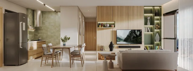 Perspectiva ilustrativa: ambientes internos integrados de apartamento com cozinha, estar e dormitório — NÓZ, Catolé, Campina Grande