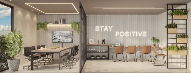 Perspectiva ilustrativa: coworking com mesa compartilhada, cadeiras e bancada junto à parede — NÓZ, Catolé, Campina Grande