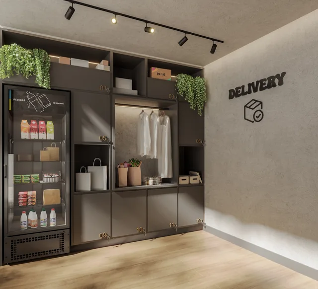 Perspectiva ilustrativa: espaço de delivery com armários e prateleiras para organização de entregas — NÓZ, Catolé, Campina Grande