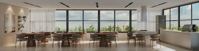 Perspectiva ilustrativa: espaço gourmet com mesas, cadeiras, bancada e grandes janelas — NÓZ, Catolé, Campina Grande