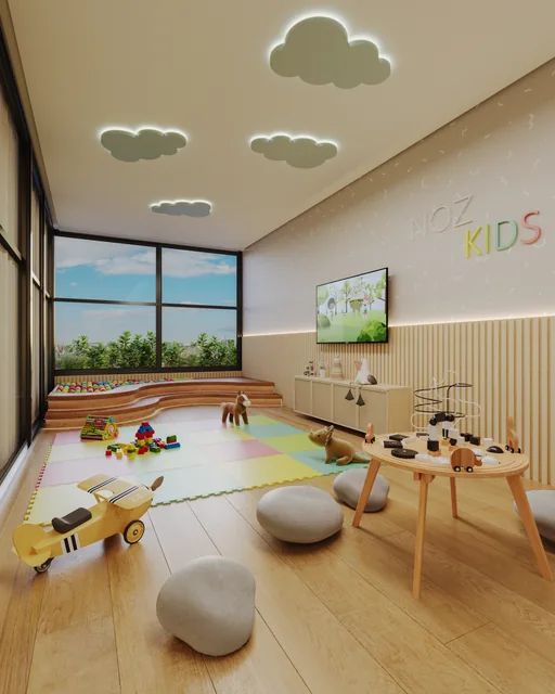 Perspectiva ilustrativa: espaço kids com mesas infantis, brinquedos e decoração lúdica — NÓZ, Catolé, Campina Grande