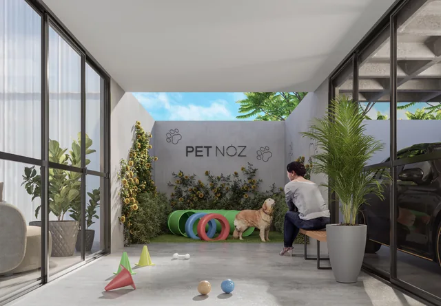 Perspectiva ilustrativa: espaço pet com obstáculos para animais, vegetação e bancada de apoio — NÓZ, Catolé, Campina Grande