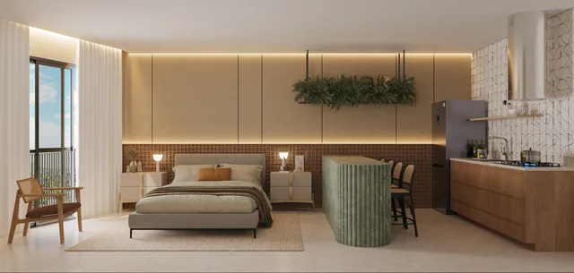 Perspectiva ilustrativa: ambiente integrado de flat com cama, bancada e área de estar — NÓZ, Catolé, Campina Grande