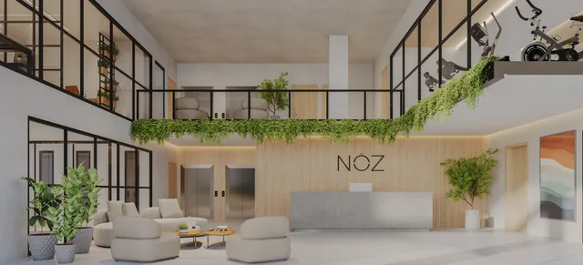 Perspectiva ilustrativa: lobby com balcão de recepção, sofás e mezanino com vegetação — NÓZ, Catolé, Campina Grande