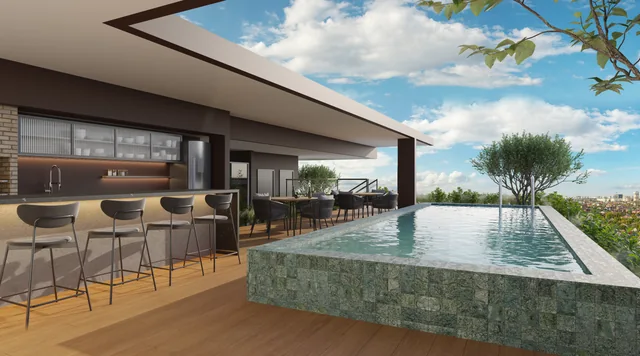 Perspectiva ilustrativa: piscina externa junto à área coberta com bancada e bancos — NÓZ, Catolé, Campina Grande