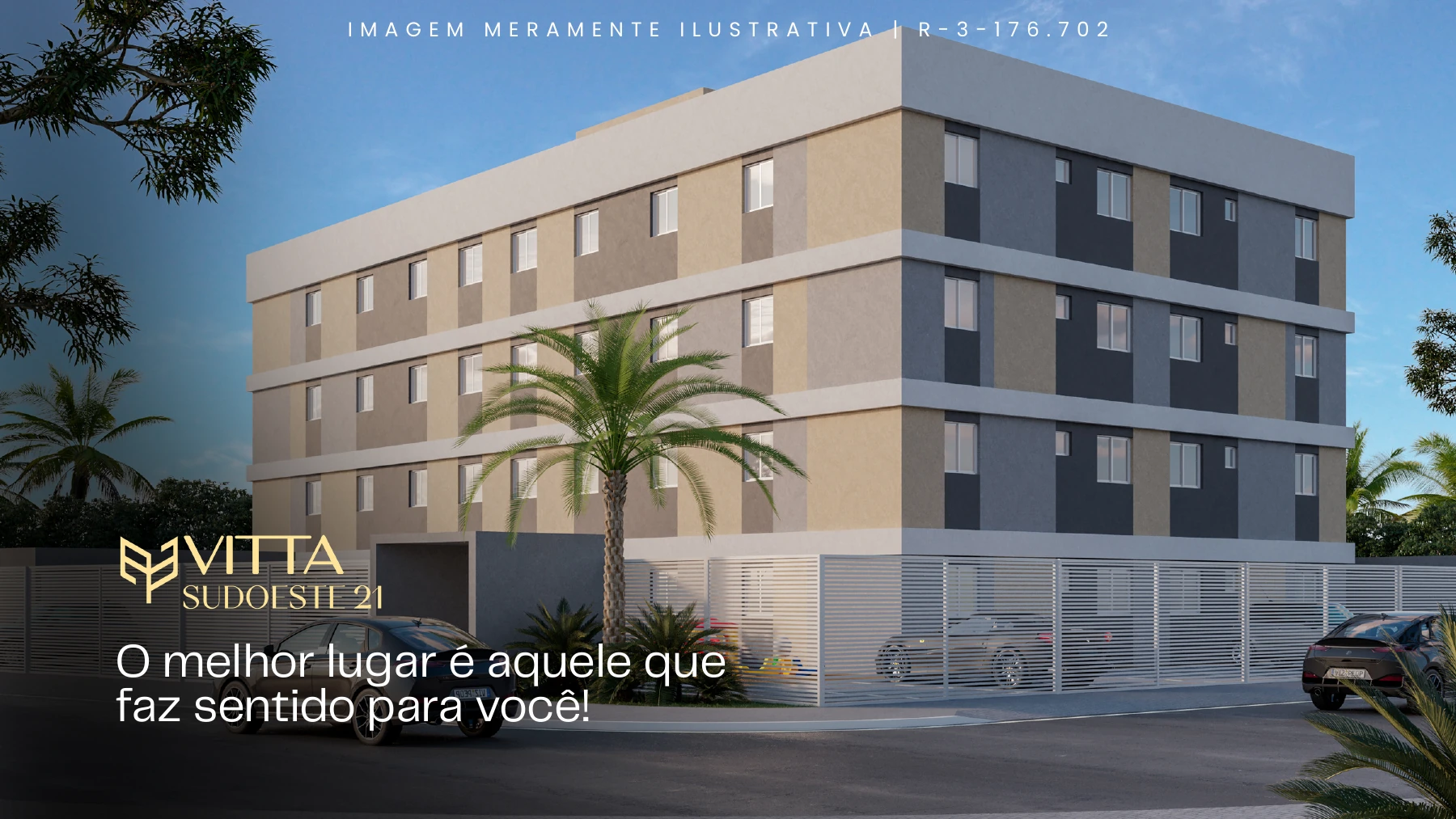 Imagens ilustrativas — Perspectiva da fachada e acesso ao empreendimento — Vitta Sudoeste 21 — crédito RL Construções