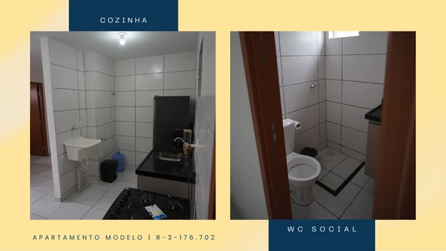 Imagens ilustrativas — Cozinha e WC social do apartamento modelo apresentado no book — Vitta Sudoeste 21 — crédito RL Construções