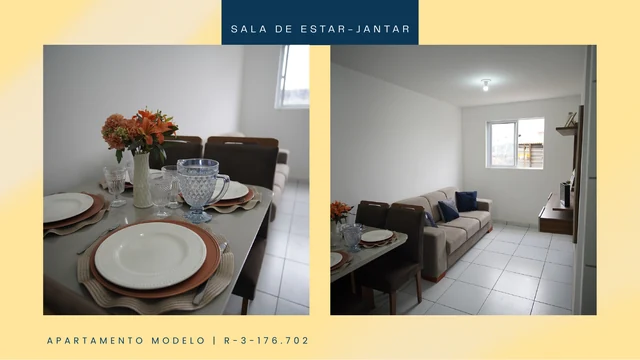 Imagens ilustrativas — Sala de estar e jantar do apartamento modelo apresentado no book — Vitta Sudoeste 21 — crédito RL Construções